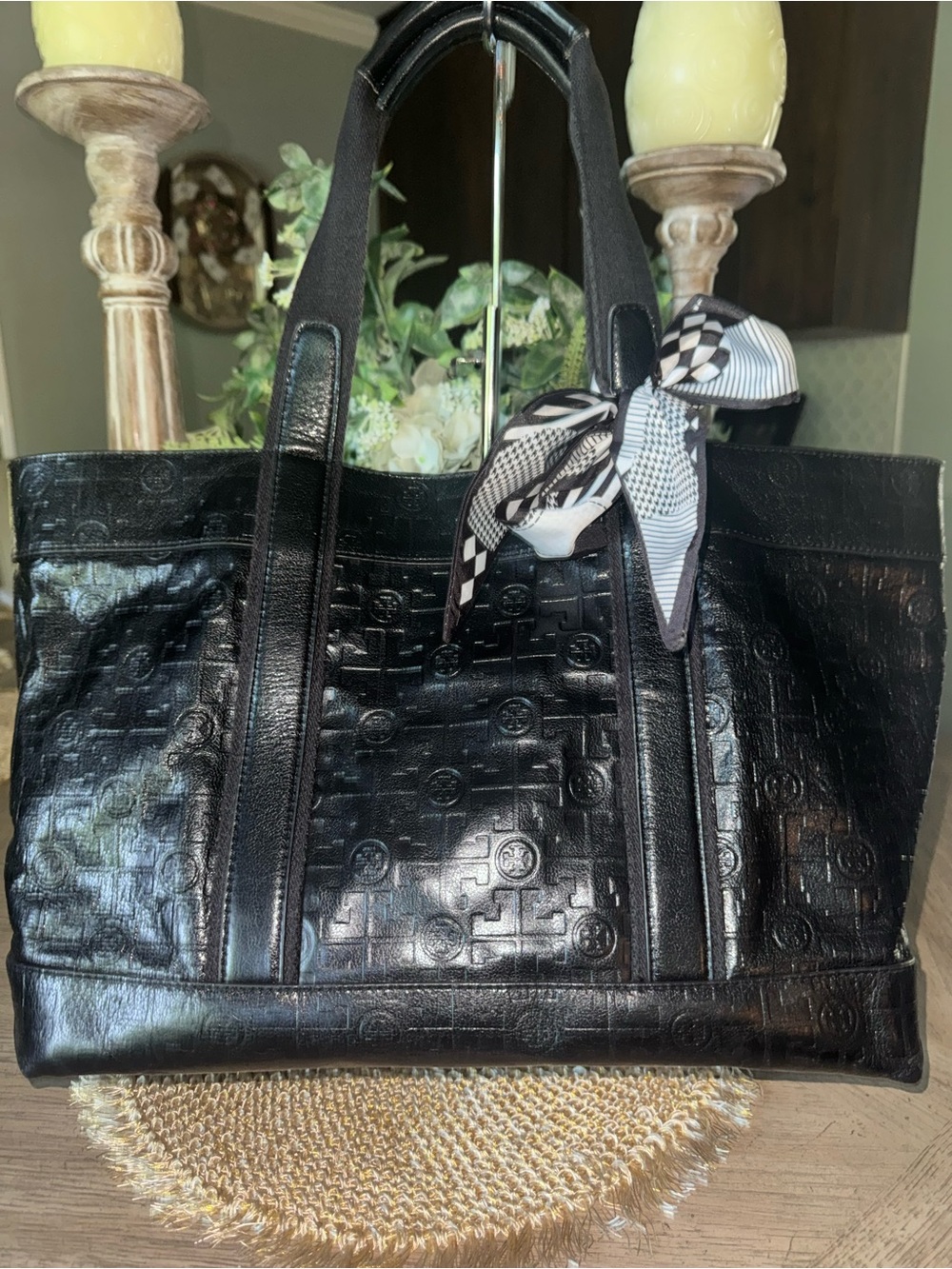 Tory Burch Large Black Embossed Leather Tote Bag ORG $599 in EXCELLENT Condition